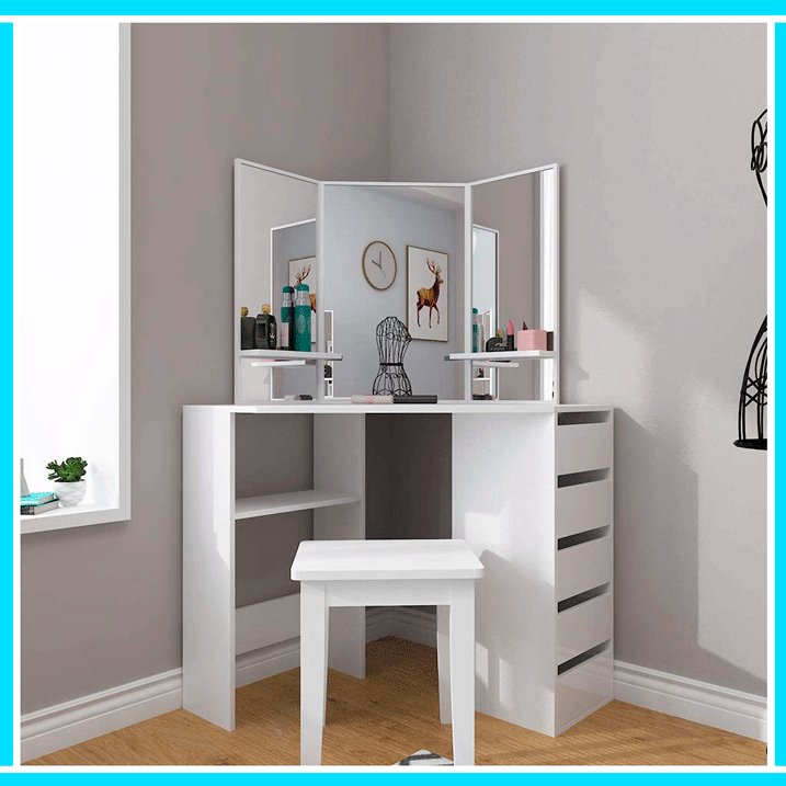 Tocador | Tocador color blanco con taburete de esquina moderno con espejo y cajones